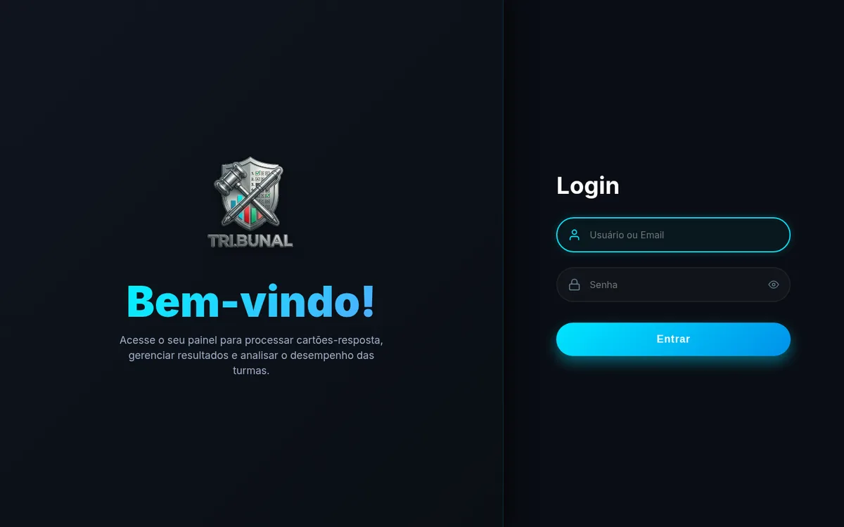 Tela de entrada do TRI.BUNAL, com o logotipo e o formulário de login em tema escuro